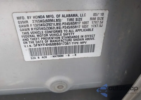 2011 Honda Pilot Ex-L from USA, damaged, VIN 5FNYF4H68BB017361